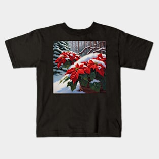 Poinsettias In The Snow Winter Flowers Kids T-Shirt